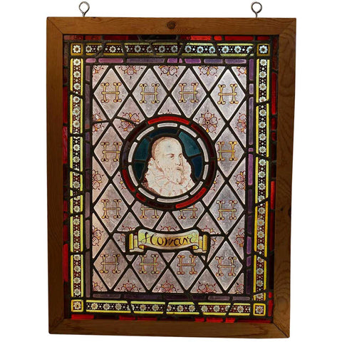 Small English Tudor Style Howard Family Stained, Painted and Leaded Glass Window