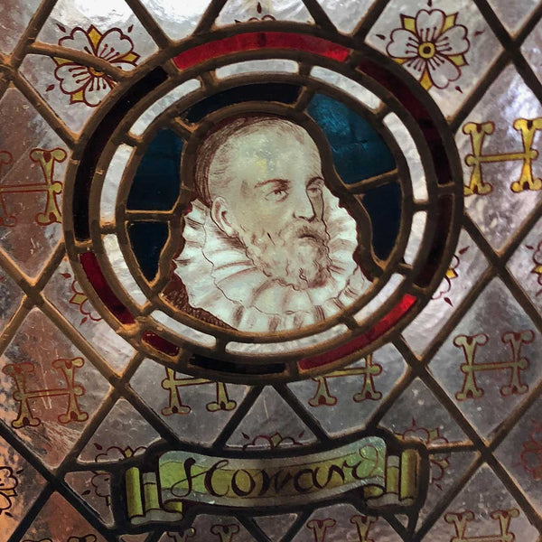 Small English Tudor Style Howard Family Stained, Painted and Leaded Glass Window
