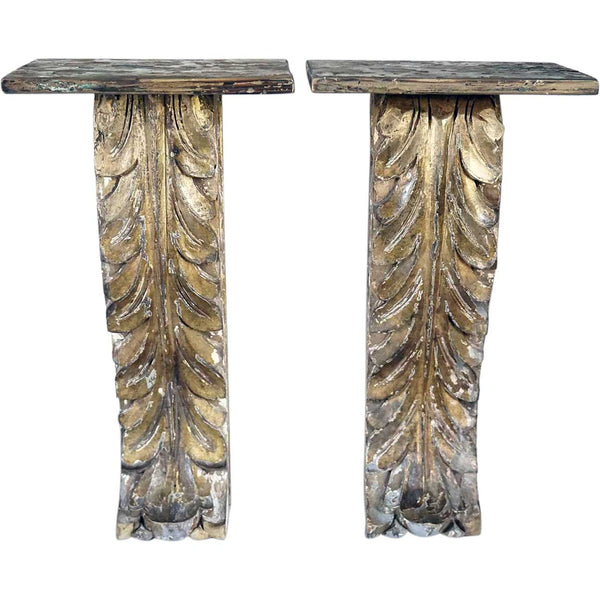 Small Pair of Portuguese Gilt Teak Architectural Scrolled Wall Bracket Shelves