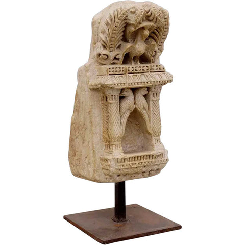 North Indian Mughal Limestone Architectural Shrine Niche with Birds on Metal Stand