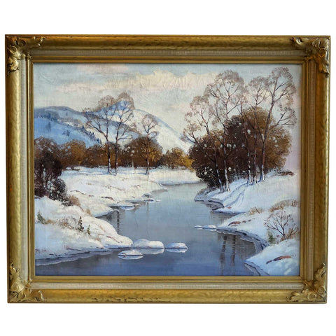 ERNEST FREDERICKS Oil on Canvas Painting, Snowy Mountains in Winter near Spokane, Washington