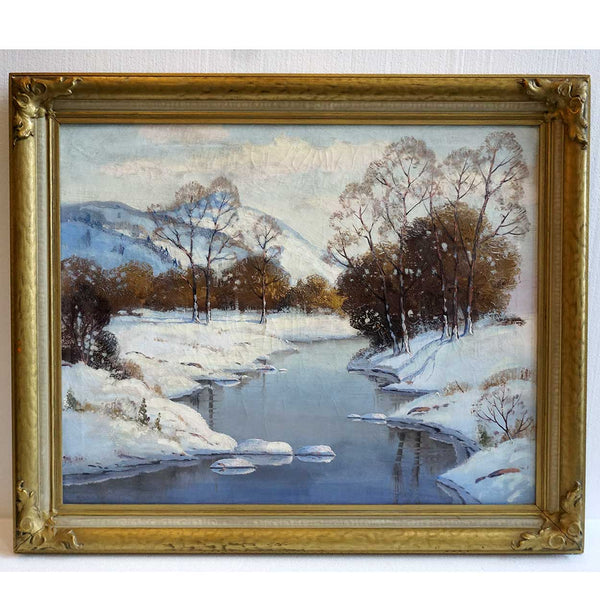 ERNEST FREDERICKS Oil on Canvas Painting, Snowy Mountains in Winter near Spokane, Washington