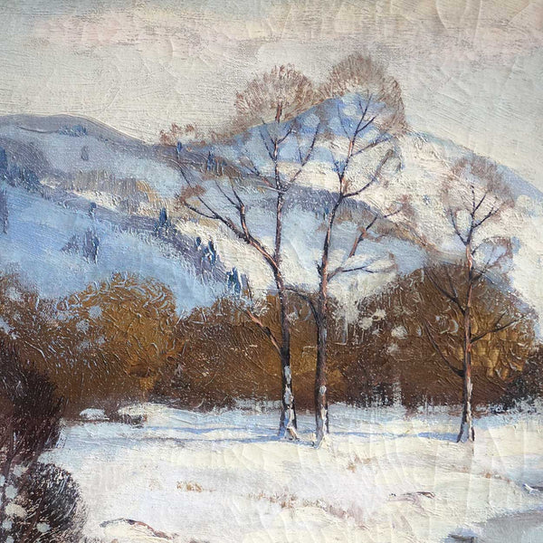 ERNEST FREDERICKS Oil on Canvas Painting, Snowy Mountains in Winter near Spokane, Washington