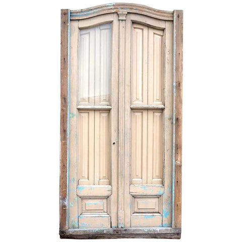 Tall Argentine Beaux-Arts Painted Mahogany and Glass Arched Double Shutter Window