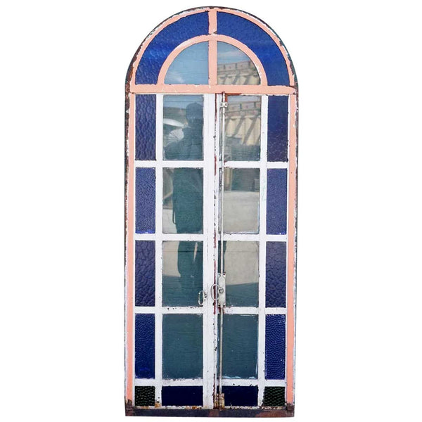 Continental Blue Textured Glass and Painted Iron Arched Casement Window