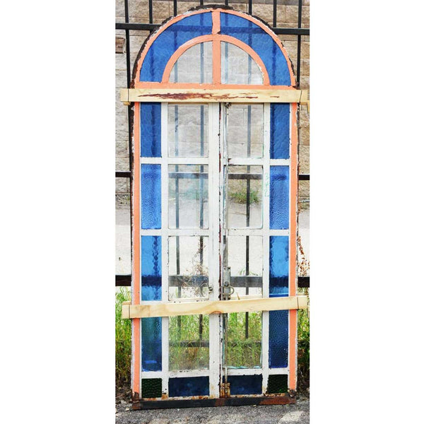 Continental Blue Textured Glass and Painted Iron Arched Casement Window