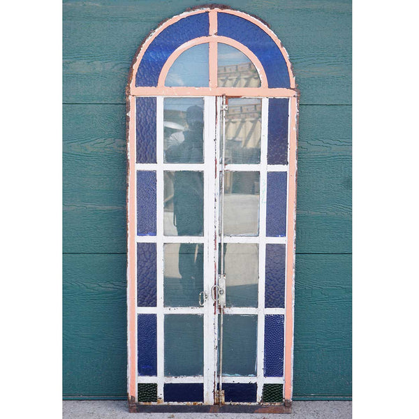 Continental Blue Textured Glass and Painted Iron Arched Casement Window