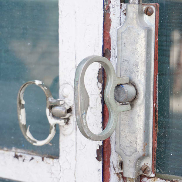 Continental Blue Textured Glass and Painted Iron Arched Casement Window