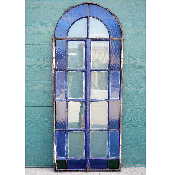 Continental Blue Textured Glass and Painted Iron Arched Casement Window