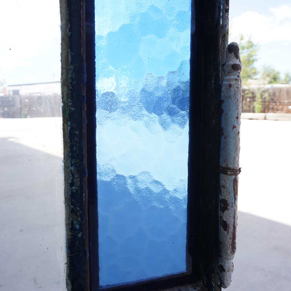 Continental Blue Textured Glass and Painted Iron Arched Casement Window