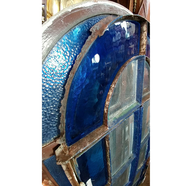 Continental Blue Textured Glass and Painted Iron Arched Casement Window