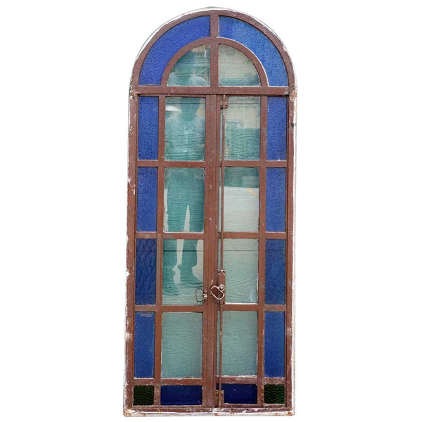 Continental Blue Textured Glass and Painted Iron Arched Casement Window