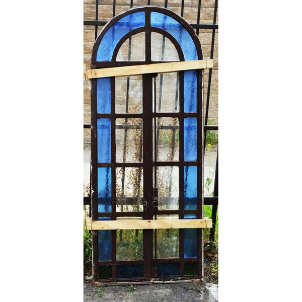 Continental Blue Textured Glass and Painted Iron Arched Casement Window