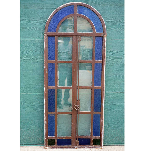 Continental Blue Textured Glass and Painted Iron Arched Casement Window