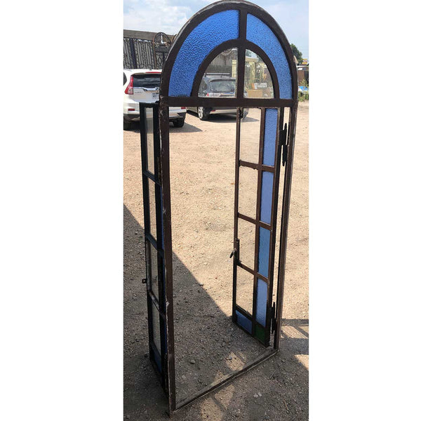 Continental Blue Textured Glass and Painted Iron Arched Casement Window