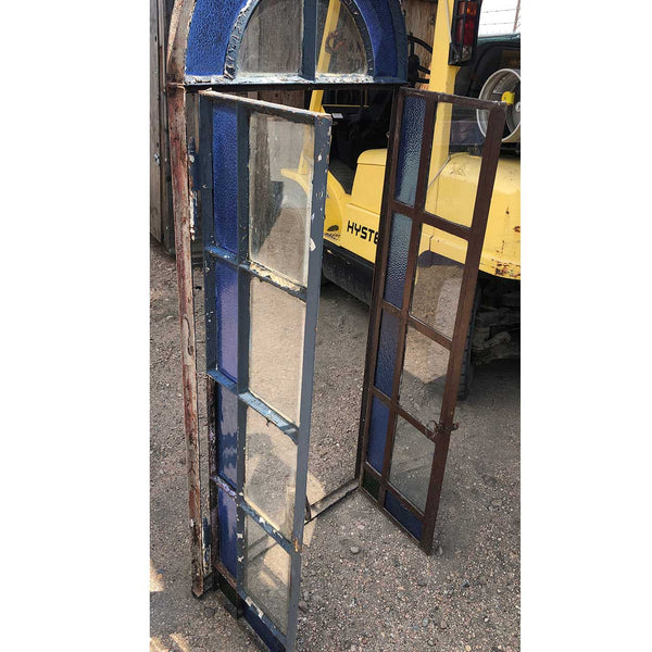 Continental Blue Textured Glass and Painted Iron Arched Casement Window