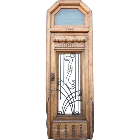 Large French Oak and Wrought Iron Single Entry Wooden Door with Transom