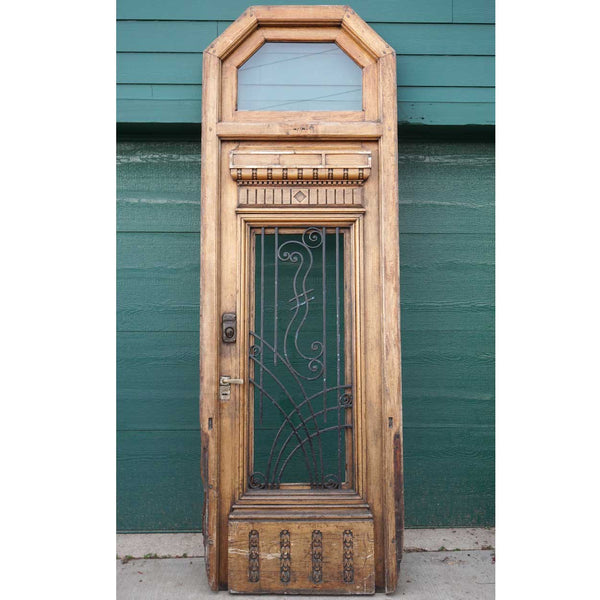Large French Oak and Wrought Iron Single Entry Wooden Door with Transom