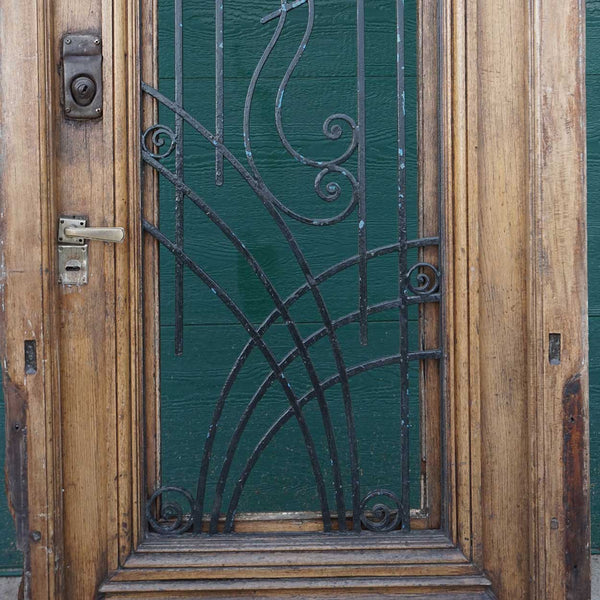 Large French Oak and Wrought Iron Single Entry Wooden Door with Transom