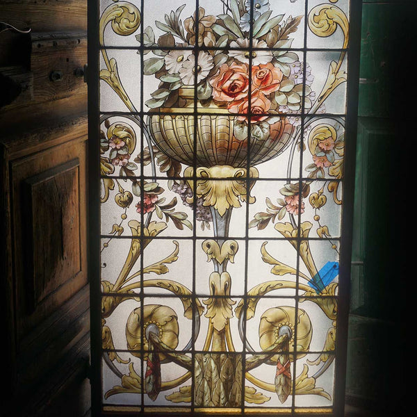 French Beaux-Arts Painted and Leaded Glass Rectangular Window
