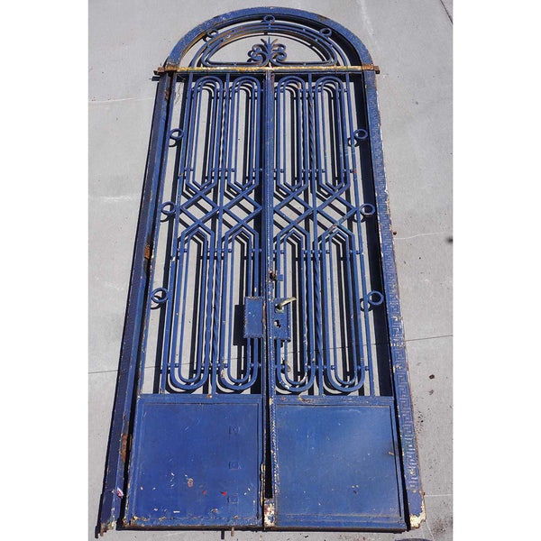 Fine French Beaux-Arts Style Blue Painted Wrought Iron Double Door Entry and Arched Transom