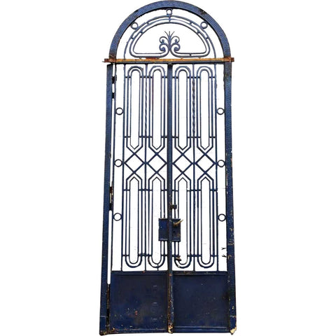 Fine French Beaux-Arts Style Blue Painted Wrought Iron Double Door Entry and Arched Transom