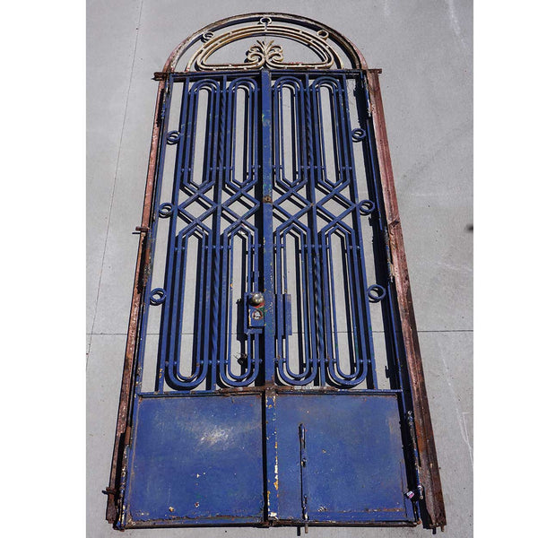 Fine French Beaux-Arts Style Blue Painted Wrought Iron Double Door Entry and Arched Transom