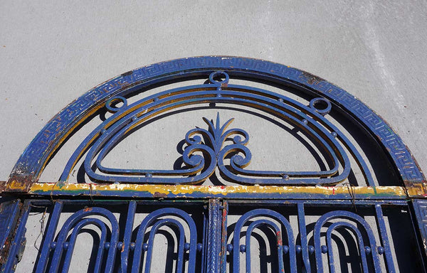 Fine French Beaux-Arts Style Blue Painted Wrought Iron Double Door Entry and Arched Transom