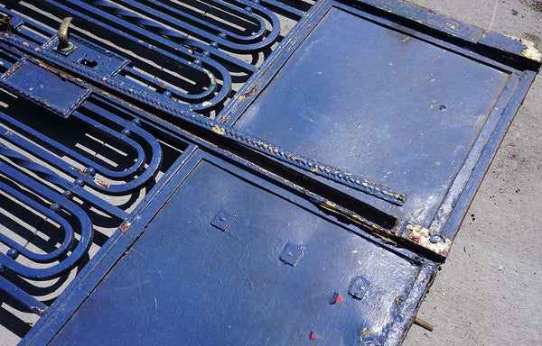 Fine French Beaux-Arts Style Blue Painted Wrought Iron Double Door Entry and Arched Transom