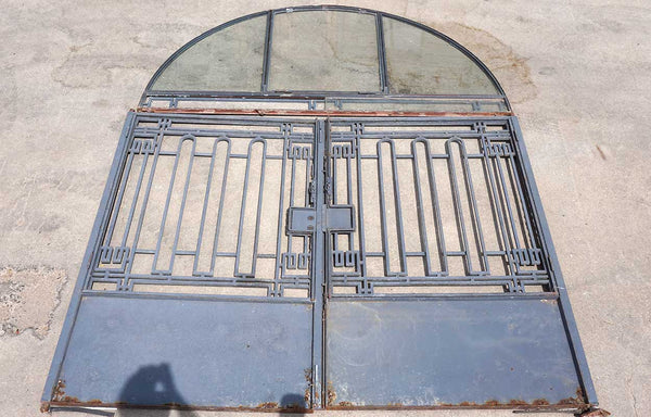 Pair Argentine Beaux Arts Style Painted Wrought Iron Driveway Gates and Arched Transom