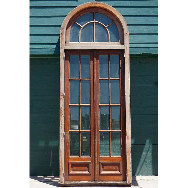 Large French Mahogany Beveled Glass Double Entry Door and Arched Transom