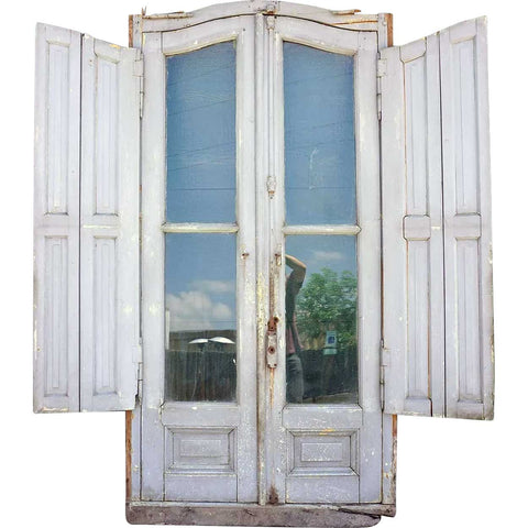 Tall Argentine Beaux-Arts Painted Mahogany and Glass Arched Double Shutter Window