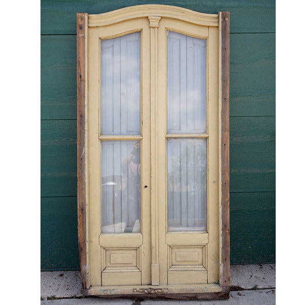 Tall Argentine Beaux-Arts Painted Mahogany and Glass Arched Double Shutter Window