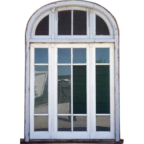 Large Argentine Painted Mahogany Three-Part Window with Arched Transom