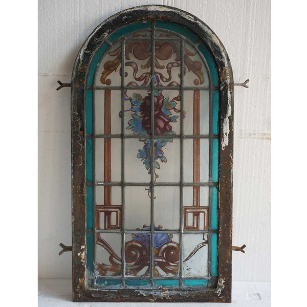 Small Argentine Beaux Arts Painted and Leaded Glass Iron Framed Arched Window