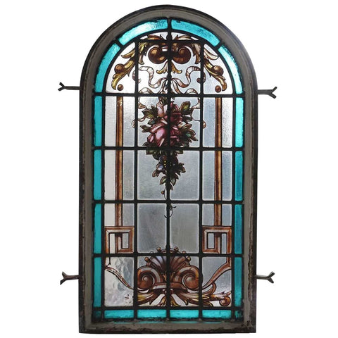 Small Argentine Beaux Arts Painted and Leaded Glass Iron Framed Arched Window