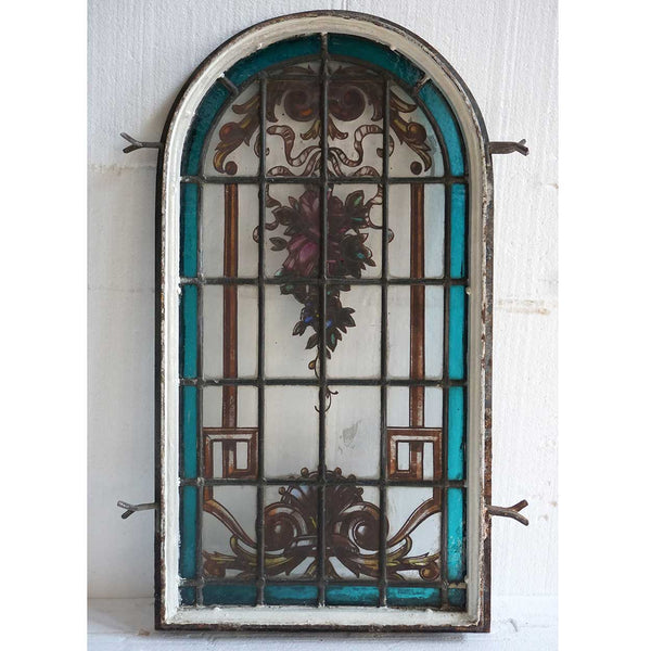 Small Argentine Beaux Arts Painted and Leaded Glass Iron Framed Arched Window
