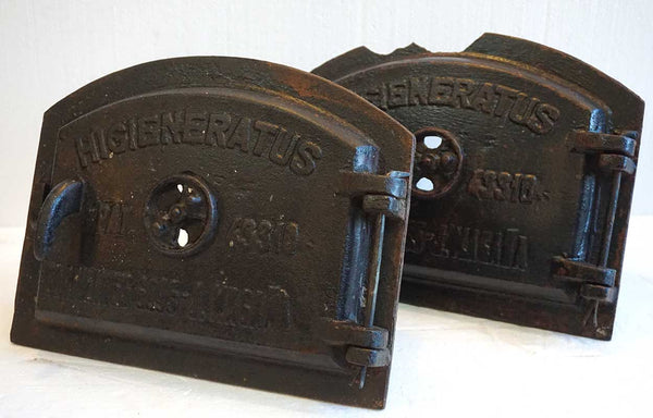 Pair Argentine Higieneratus Industrial Cast Iron Wall Oven Furnace Doors