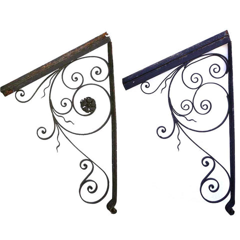 Large Pair of French Scrolled Wrought Iron Architectural Door Awning Brackets