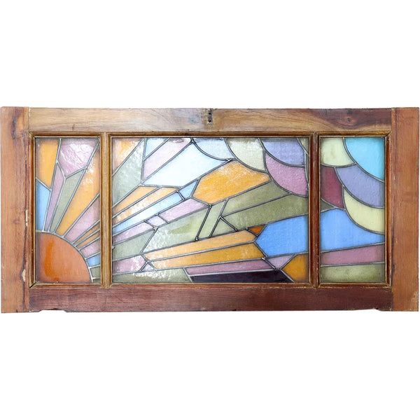 French Art Deco Mahogany Stained and Leaded Glass Sunset Window Transom