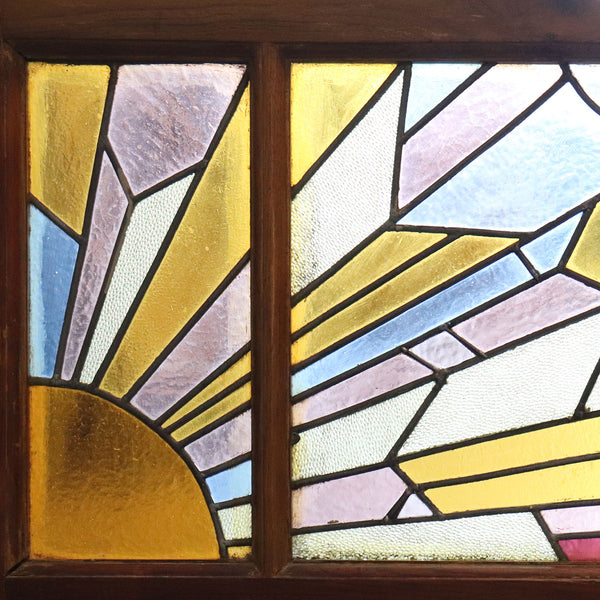 French Art Deco Mahogany Stained and Leaded Glass Sunset Window Transom
