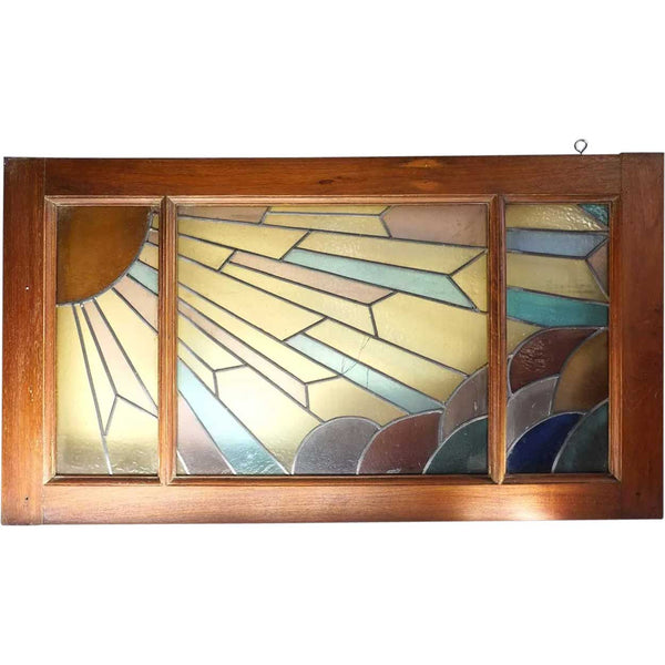 French Art Deco Mahogany Stained and Leaded Glass Sunset Window Transom