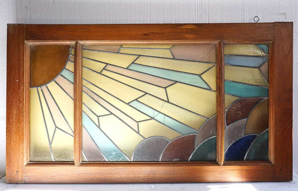 French Art Deco Mahogany Stained and Leaded Glass Sunset Window Transom