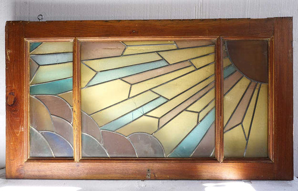 French Art Deco Mahogany Stained and Leaded Glass Sunset Window Transom