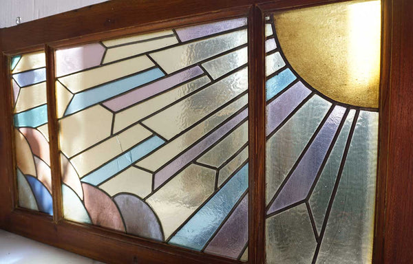 French Art Deco Mahogany Stained and Leaded Glass Sunset Window Transom