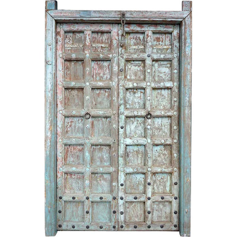 Indian Blue Painted Teak and Iron Mounted (Clavos) Double Door