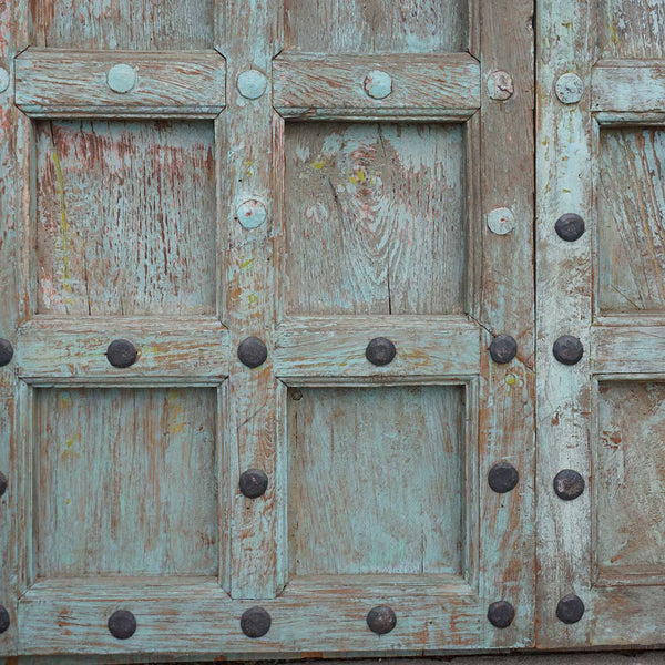 Indian Blue Painted Teak and Iron Mounted (Clavos) Double Door