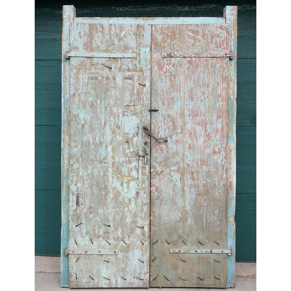 Indian Blue Painted Teak and Iron Mounted (Clavos) Double Door
