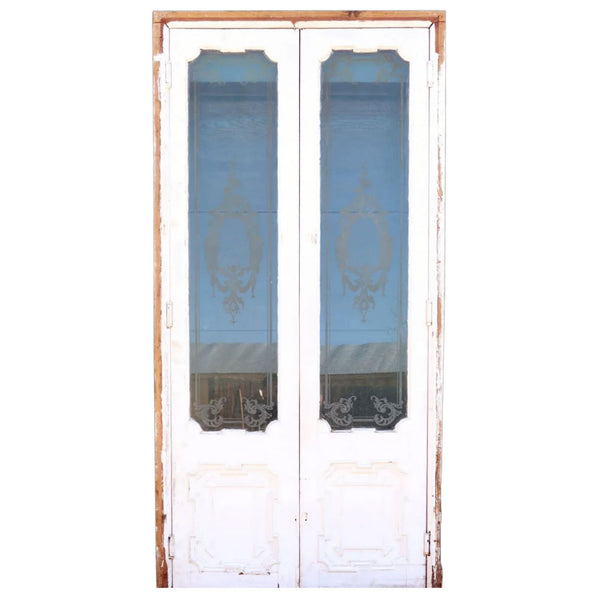 French Rococo Revival Painted Mahogany Etched Glass Double Door