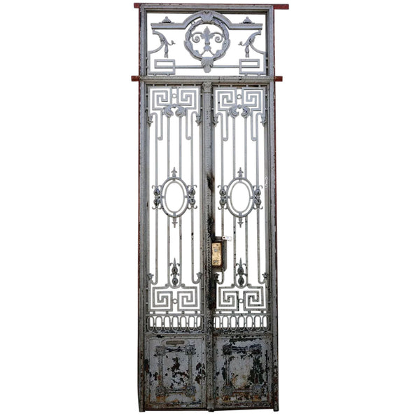French Louis XVI Revival Painted Wrought Iron Double Door Entry and Transom
